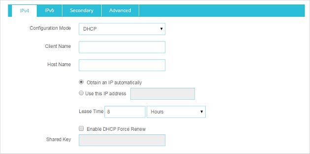 Capture d'écran de la configuration de l'interface externe, options DHCP