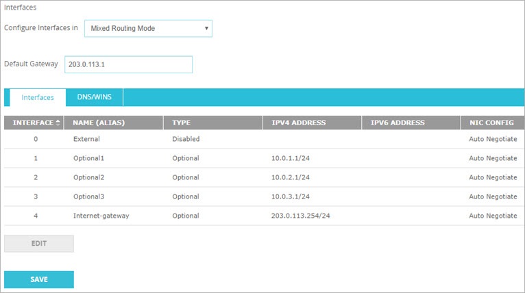 Screen shot of the Default Gateway setting in Fireware Web UI