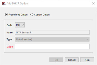 Capture d'écran de la boîte de dialogue Ajouter une Option DHCP pour une Option prédéfinie