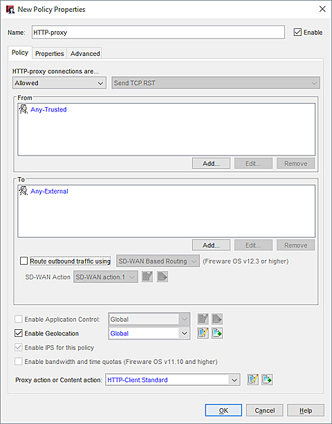 Capture d'écran de la boîte de dialogue Propriétés de la nouvelle stratégie pour le proxy HTTP