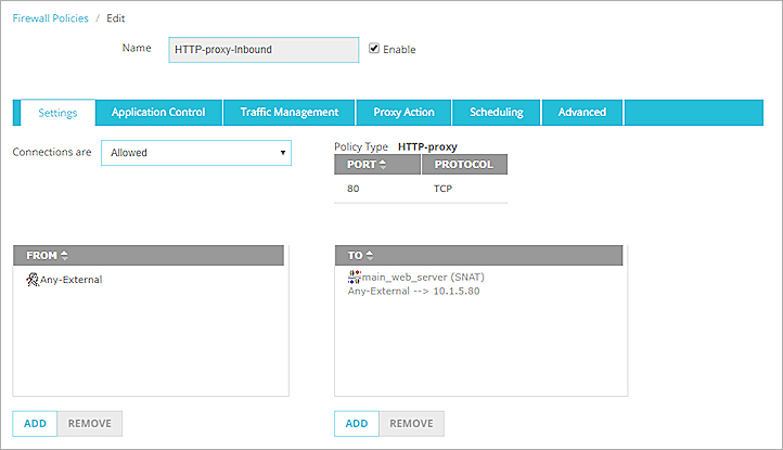 Capture d'écran d'une stratégie Proxy HTTP, onglet Paramètres avec l'action SNAT configurée