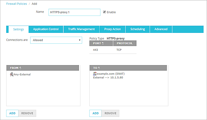 Capture d'écran d'une stratégie Proxy HTTPS, onglet Paramètres avec l'action SNAT configurée