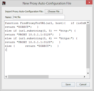 Capture d'écran de la boîte de dialogue Nouveau Fichier de Configuration Automatique de Proxy