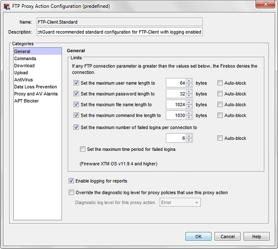 Capture d'écran de la boîte de dialogue Configuration d'une action de proxy FTP, page Général