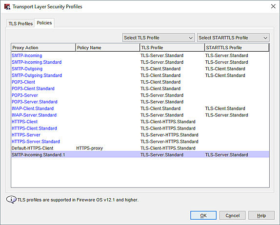 Capture d'écran de l'onglet Stratégies de la boîte de dialogue Profils TLS de Policy Manager