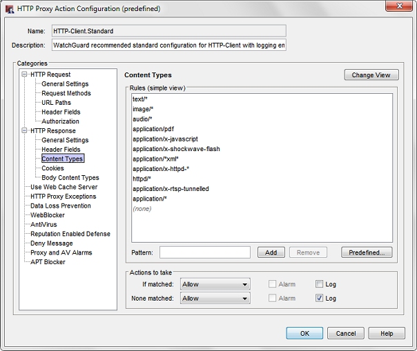 Capture d'écran de la boîte de dialogue Configuration de l'action de proxy Client HTTP, page Types de contenu de réponse HTTP