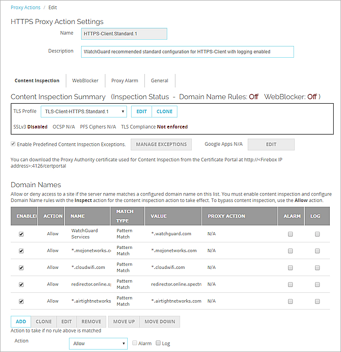Capture d'écran des paramètres d'Inspection de Contenu d'une action de proxy client HTTPS dans Fireware Web UI
