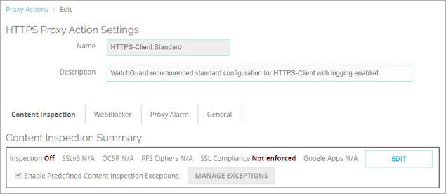 Capture d'écran de la page Synthèse d'Inspection du Contenu HTTPS de Fireware Web UI