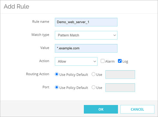 Capture d'écran de la boîte de dialogue Ajouter une Règle d'une règle de nom de domaine d'une action de proxy serveur HTTPS dans Fireware Web UI