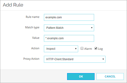 Capture d'écran d'une règle de nom de domaine pour une action de proxy client HTTPS comprenant l'action Inspection dans Fireware Web UI