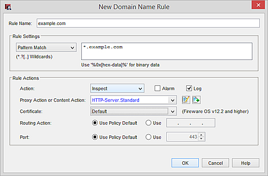 Capture d'écran d'une Action de Proxy de Serveur HTTPS entrant comprenant une sélection de certificat dans WSM