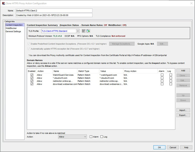 Capture d'écran des paramètres de l'Inspection de Contenu d'une action de proxy client HTTP dans Policy Manager