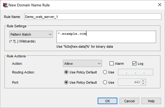 Capture d'écran d'une règle de nom de domaine comprenant une action Autoriser pour une action de proxy serveur HTTPS dans Policy Manager
