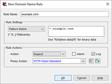Capture d'écran d'une règle de nom de domaine pour une action de proxy client HTTPS comprenant l'action Inspecter dans Policy Manager