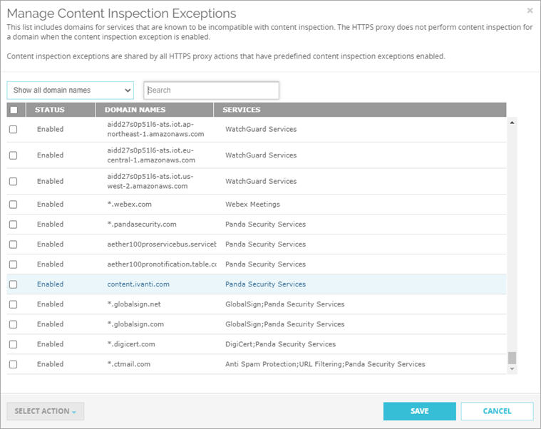 Capture d'écran de la boîte de dialogue Gérer les Exceptions d'Inspection de Contenu HTTPS de Fireware Web UI