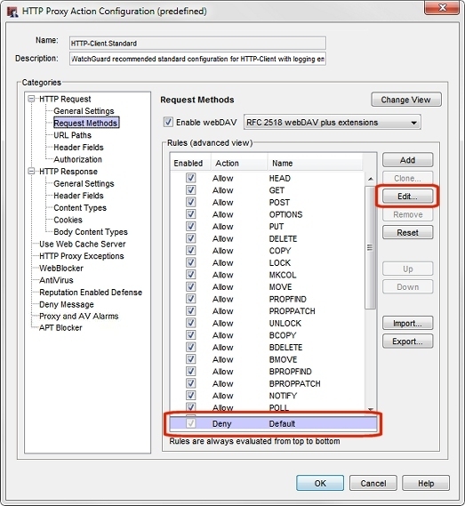 Section Commandes de la boîte de dialogue Modifier la règle par défaut