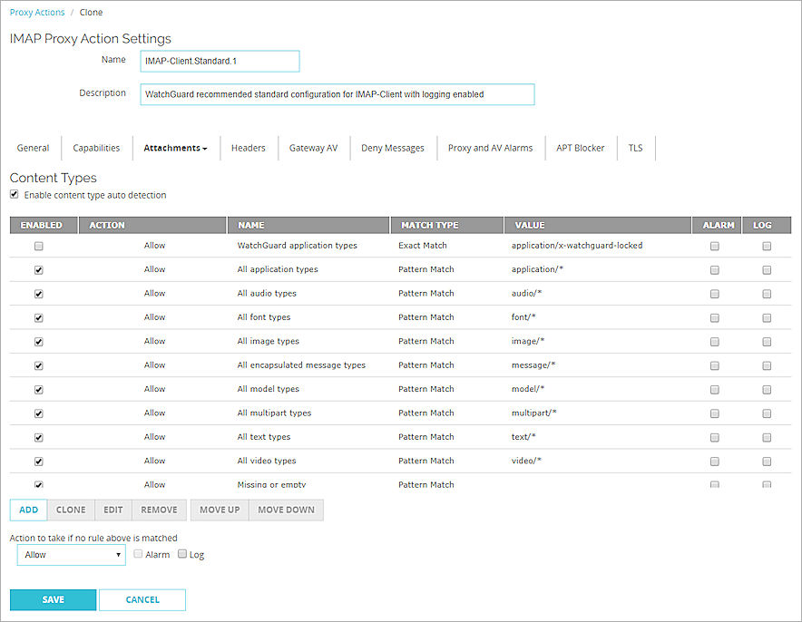 Capture d'écran des paramètres Types de Contenu d'une action de proxy IMAP dans Fireware Web UI