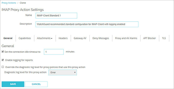 Capture d'écran des Paramètres Généraux d'une action de proxy IMAP de Fireware Web UI