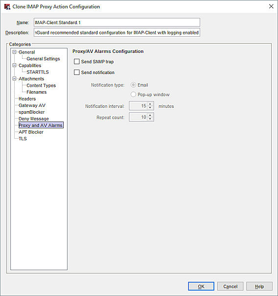 Capture d'écran des paramètres Alarmes de Proxy et d'Antivirus dans Policy Manager