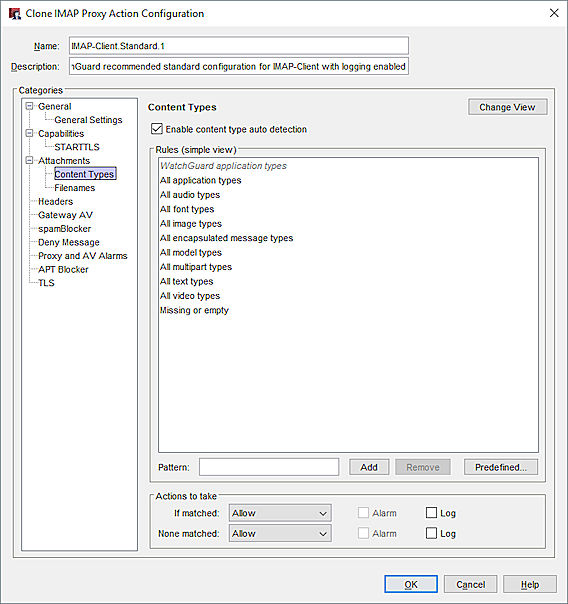 Capture d'écran des paramètres xxx d'une action de proxy IMAP de Policy Manager