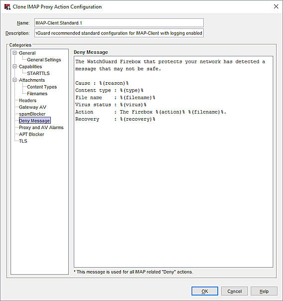 Capture d'écran des paramètres Message de Refus d'une action de proxy IMAP de Policy Manager