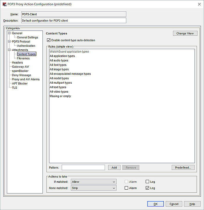 Capture d'écran de la boîte de dialogue Configuration de l'action de proxy POP3, catégorie Types de contenu