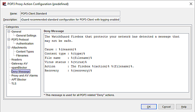 Capture d'écran de la boîte de dialogue Configuration de l'action de proxy POP3, page Message de refus