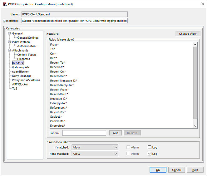 Capture d'écran de la boîte de dialogue Configuration de l'action de proxy POP3, page En-têtes