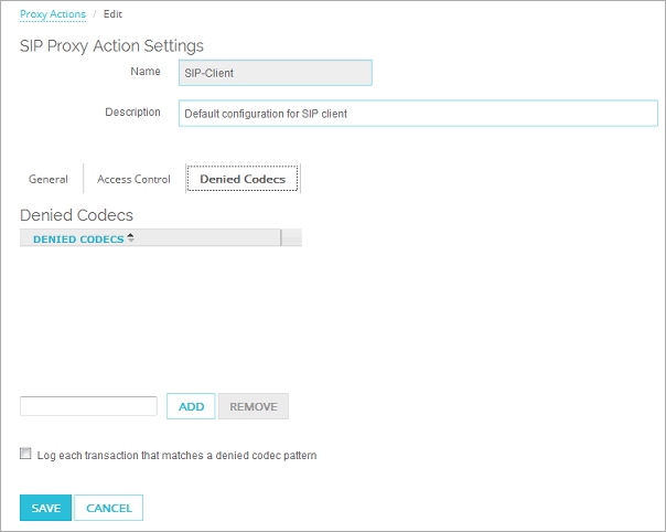 Capture d'écran de la page Modifier une action de proxy pour le client SIP, section Codecs refusés