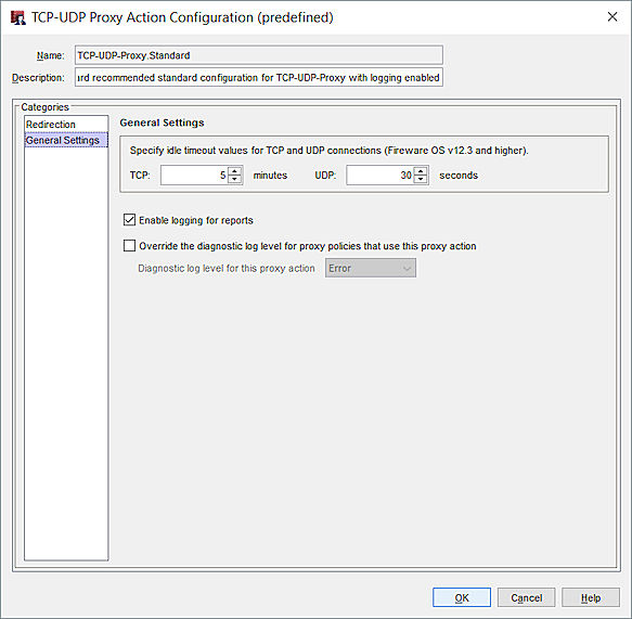 Capture d'écran de la boîte de dialogue Configuration d'une action de proxy TCP-UDP, catégorie Paramètres généraux