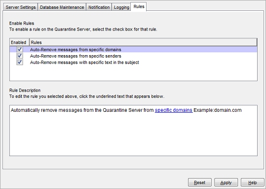 Capture d'écran de la boîte de dialogue Configuration de Quarantine server, onglet Règles