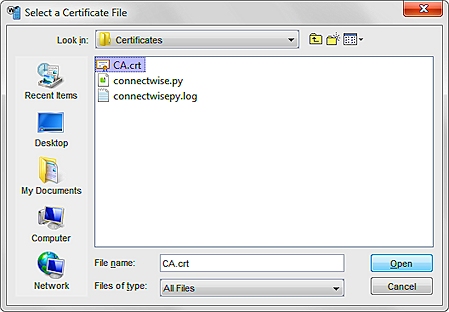 Capture d'écran de la boîte de dialogue Sélectionner un fichier de certificat