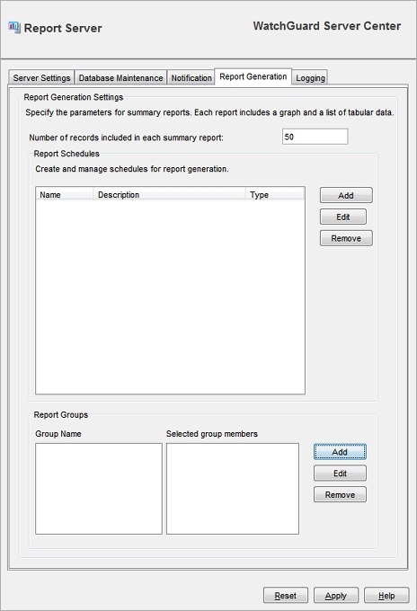 Capture d'écran de l'onglet Génération de rapports Report Server