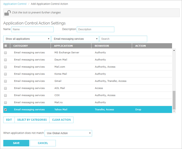 Capture d'écran de la page Paramètres des actions d'Application Control, avec les actions configurées