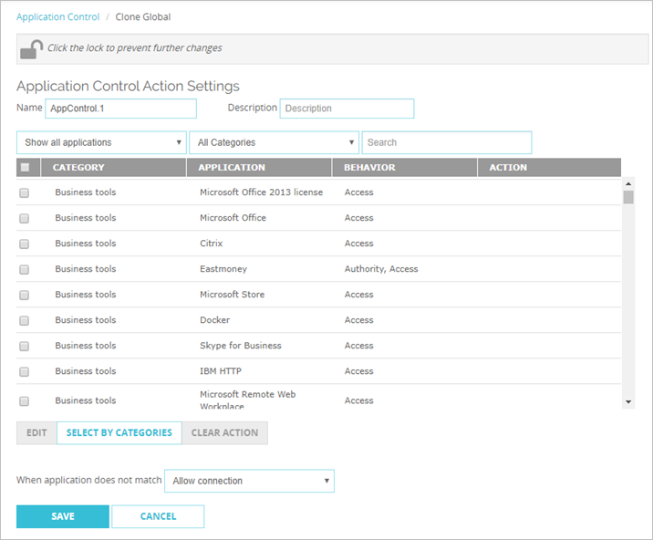 Capture d'écran de la page Paramètres des actions d'Application Control