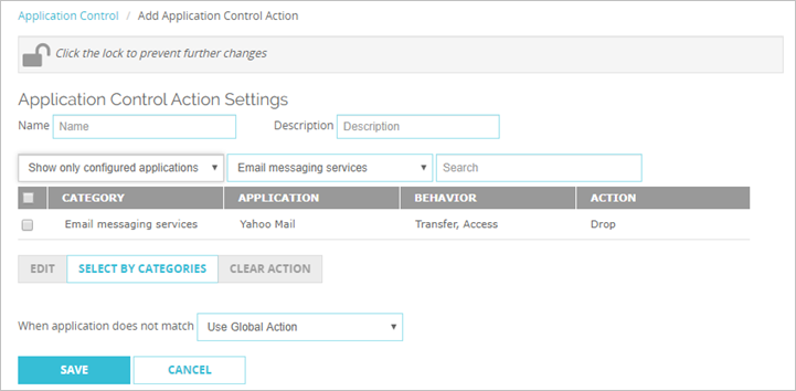 Capture d'écran de la page Paramètres des actions d'Application Control