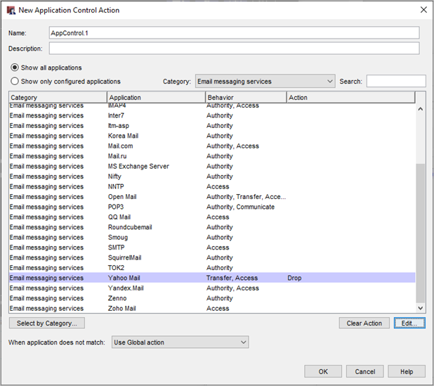 Capture d'écran de la boîte de dialogue Nouvelle action d'Application Control, avec les actions configurées