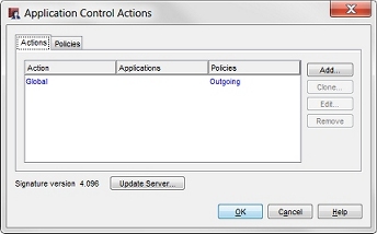 Capture d'écran de la boîte de dialogue Actions Application Control