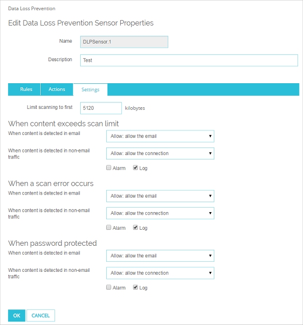 Capture d'écran de la page Modifier Data Loss Protection page, onglet Paramètres