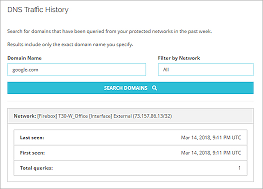 Capture d'écran de la page Historique du Trafic DNS indiquant les résultats de la recherche