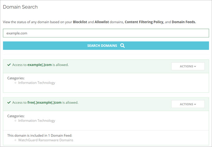 Capture d'écran de la page Recherche de Domaine indiquant les résultats de la recherche et les actions