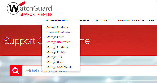 Capture d'écran du menu Mon WatchGuard du WatchGuard Support Center