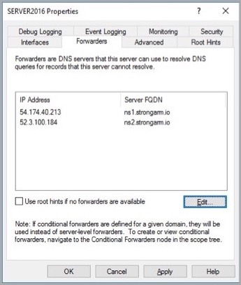 Capture d'écran de la configuration des Redirecteurs DNS de Windows Server 2016