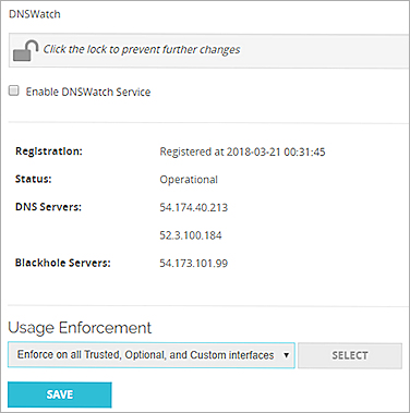 Capture d'écran des paramètres de configuration DNSWatch du Firebox