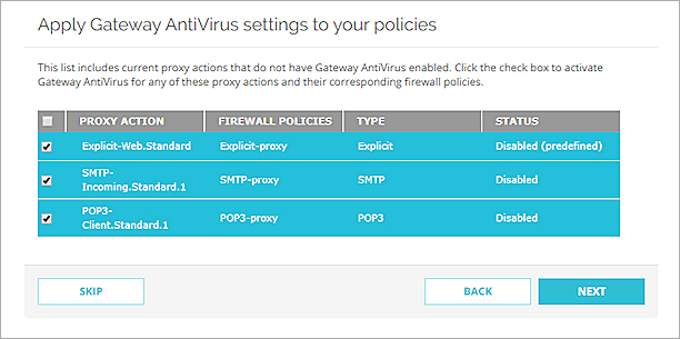 Capture d'écran de l'étape Appliquer les paramètres Gateway AntiVirus à vos stratégies dans Fireware Web UI