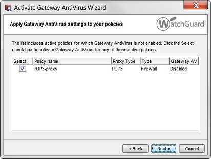 Capture d'écran de la boîte de dialogue de l'assistant Activate Gateway AntiVirus Wizard dans Policy Manager