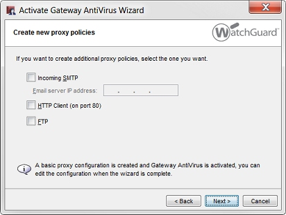 Capture d'écran de la boîte de dialogue de l'Assistant Activate Gateway AntiVirus Wizard.