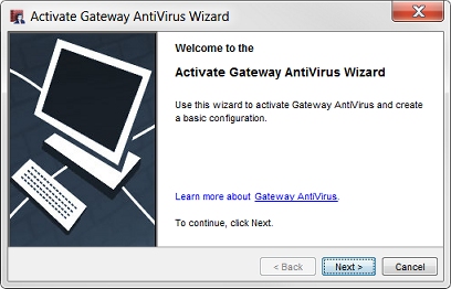 Capture d'écran de la page d'accueil de l'Assistant Activate Gateway AntiVirus Wizard.