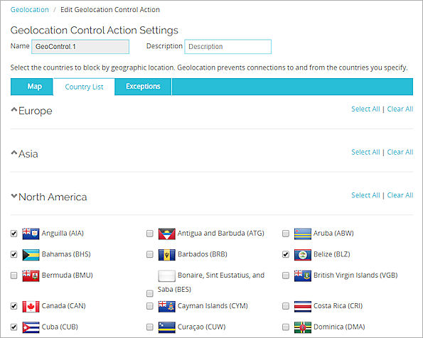 Capture d'écran de l'onglet Liste des Pays de la page Geolocation