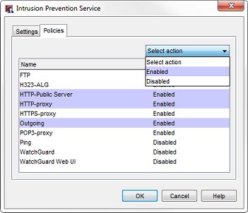 Capture d'écran de la boîte de dialogue Intrusion Prevention Service, onglet Stratégies